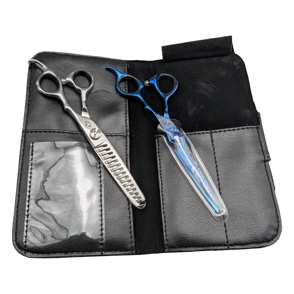 Hachi Shears Professional Hair Cutting Set Blue Damascus Thinning Shears HG-665